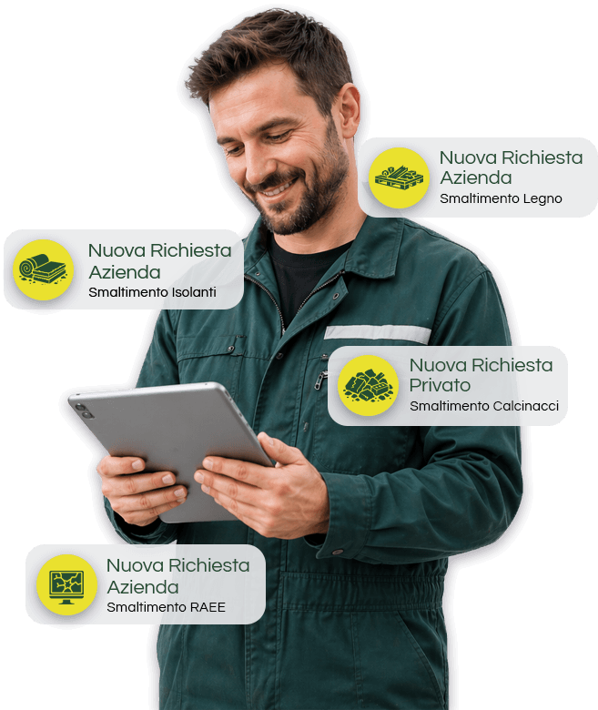 immagine di operatore smaltimento sorridente con tablet in mano e notifiche per le richieste di smaltimento