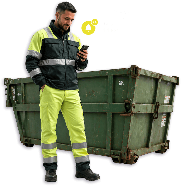 operatore smaltimento rifiuti con cellulare in mano e cassone alle spalle e icona notifiche richieste smaltimento